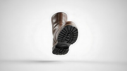 A pair of brown boots with thick soles hovering in mid-air against a plain white background