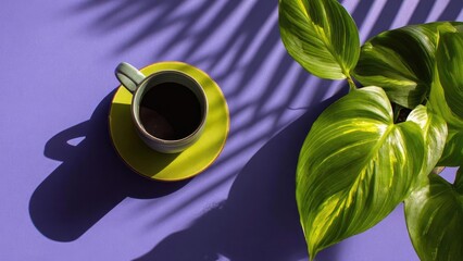 A cup of dark coffee on a lime-green saucer rests on a purple surface beside a large green leafy plant. Concept Coffee photography, Lime-green saucer, Purple surface, Green leafy plant