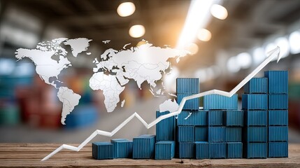 Global trade illustrated with container ships and cranes along with a stock market graph highlighting business growth and activities