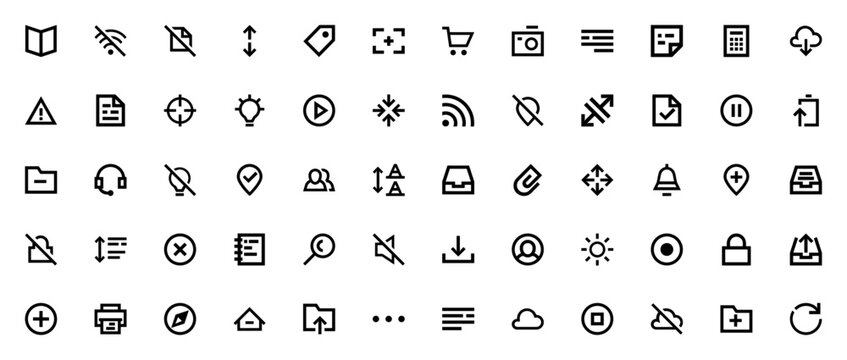 Smartphone Essentials icon set. Vector symbols for apps, wifi, camera, battery, folder, user, cloud, lock and more. Minimal line icons pack.