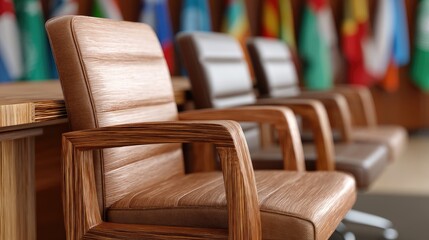 Close-up view of a conference table in an international building with flags and chairs blurred in the background during an important meeting event