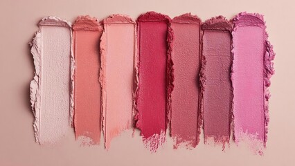 Fototapeta na wymiar Row of lipstick swatches in pink to magenta shades on a beige-pink background. Concept Lipstick Swatches, Pink to Magenta Gradient, Beige-Pink Background, Makeup Color Palette, Beauty Swatches