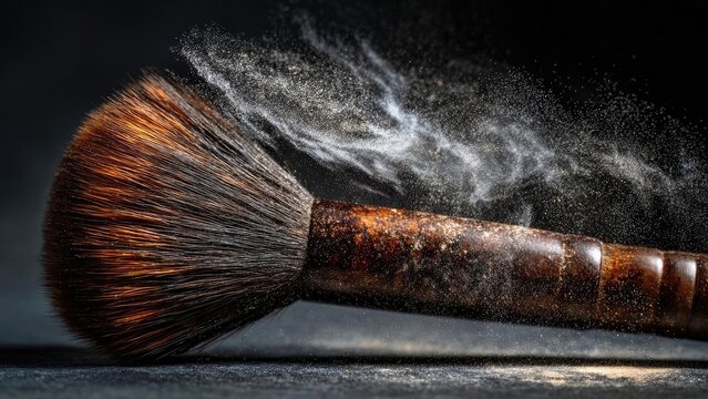 A makeup brush releasing a cloud of loose powder as it swipes across a dark surface. Concept Makeup brush powder cloud close-up on dark surface, Loose powder texture, high-contrast beauty shot - Powered by Adobe