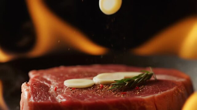 Fresh raw steak being seasoned with herbs and spices, with garlic slices falling on top. Perfect for culinary presentations and gourmet cooking