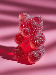 Red Gummy Bear Candy with Sugar Coating on Pink Background