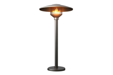 Tall patio heater providing warmth for outdoor dining in a restaurant setting during evening hours