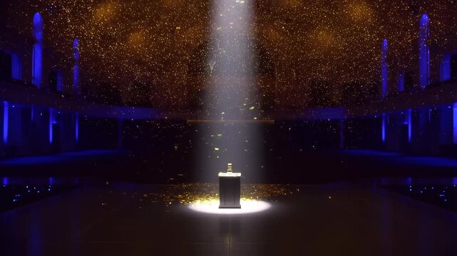 Spotlight illuminating a pedestal with a golden object surrounded by shimmering particles. A captivating scene representing celebration and achievement
