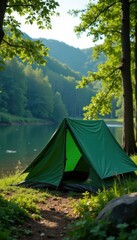Green canvas tent pitched near river, forest backdrop, landscape, serene, travel