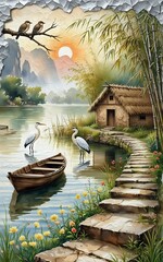 Naklejka premium Boat on the lake and heron in water