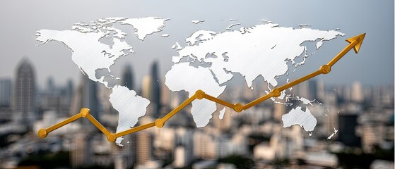 Close-up of stock market growth graph with rising arrow and world map over city skyline in 1970s style with blurred background and dynamic lines