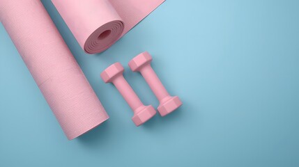 Gym Essentials: A close-up shot of rolled yoga mats and dumbbells on a light blue surface, creating a visual harmony for fitness and wellness.