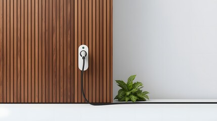 Modern Electric Vehicle Charger: A sleek, modern electric vehicle charger mounted on a stylish wooden wall, symbolizing sustainable transportation and eco-friendly energy solutions.