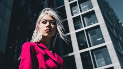 Fototapeta premium A stylish woman with platinum blonde hair wearing a bright pink blazer stands in front of a modern glass building. Concept Platinum Blonde Hair, Bright Pink Blazer, Modern Glass Building