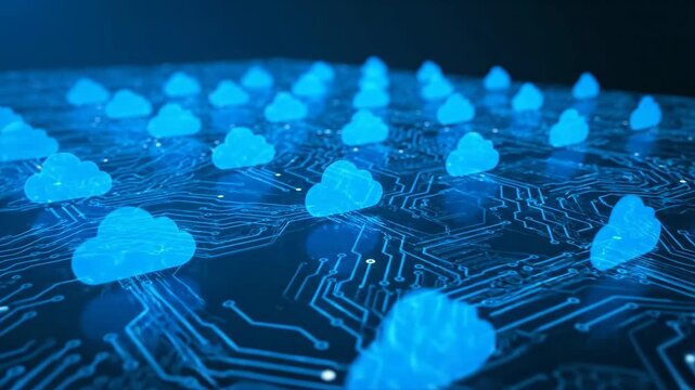 Cloud Computing Network - This video depicts a network of digital clouds interconnected through a circuit board, symbolizing cloud computing and data storage.