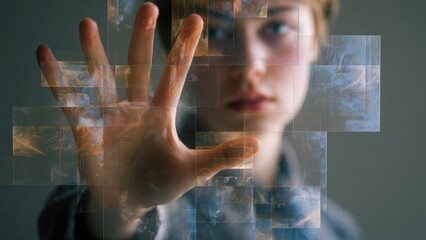 A person reaching toward the camera with an open hand, overlaid by a mosaic of translucent squares. Concept Close-up portrait, Hand reaching toward camera, Mosaic overlay, Translucent square mosaic