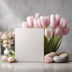 Blank White Square Poster Mockup with Pink Tulips and Zen Stones 