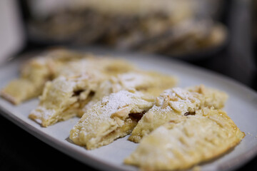 Various detail of wedding decorations, cookies, cakes, flowers and arranges