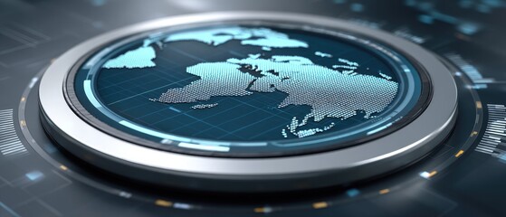 Concept of law and justice represented with digital world map and scales on hologram display over stock market background with business data chart