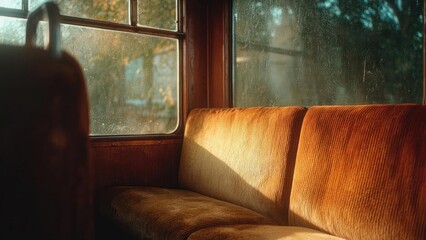 Old orange bus seats bathed in warm sunlight through a dusty window. Concept Nostalgic orange bus seats, warm sunlight through a dusty window, retro transit interior, vintage bus vibe