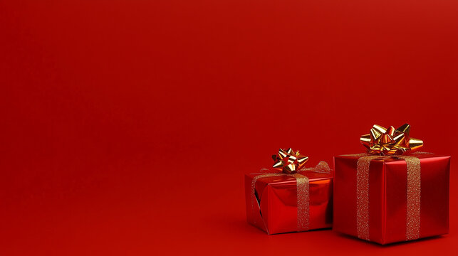Elegant arrangement of festive holiday gifts and ornaments in rich red and gold tones with copy space, AI GENERATED