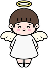 Obraz premium Cute baby angel in a white dress with wings on a soft background.