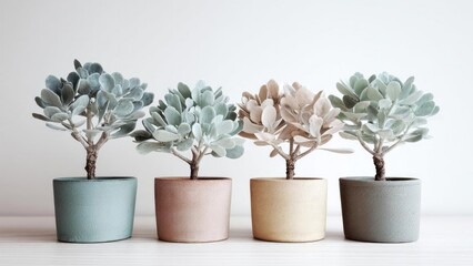 Four small succulent plants in pastel pots lined up on a light wooden surface. Concept Pastel Pot Succulents, Row of Small Plants, Light Wood Surface, Minimalist Greenery