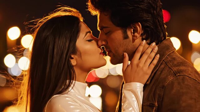 Couple kissing face to face with bokeh lights in the background at night