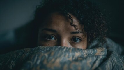 Close-up of a person peeking over a blanket, only their eyes showing, with curly hair and a calm, curious gaze. Concept Close-up portrait of eyes peeking over a blanket, Calm, curious gaze