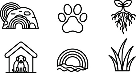 Collection of six simple line drawings of dog and nature related icons
