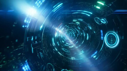 Futuristic digital tunnel with glowing blue lights and circular patterns. Represents advanced technology and virtual reality exploration - Powered by Adobe