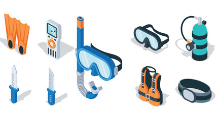 Isometric scuba diving gear: snorkel, mask, fins, and safety equipment set