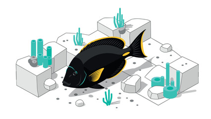Isometric tropical fish with coral and rocks on ocean floor