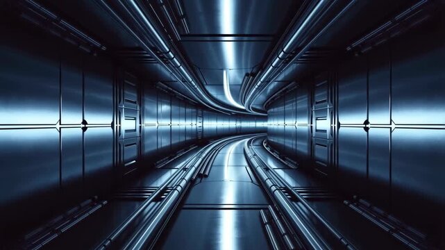 Futuristic metallic tunnel with illuminated pipes and reflective surfaces. Represents advanced technology and modern architecture