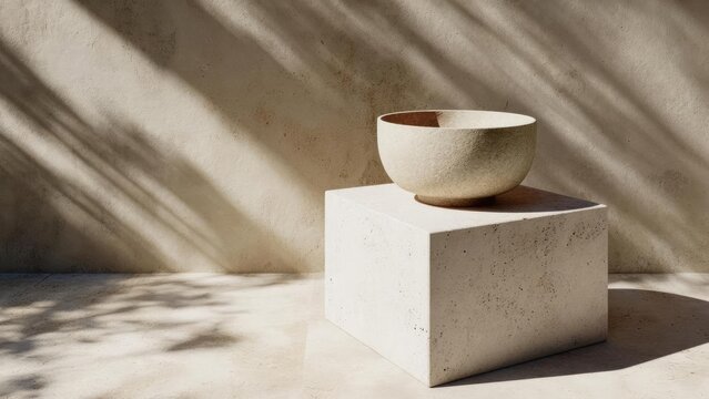 A rough stone bowl sits on a white cubic pedestal in a sunlit, minimalist setting with striped shadows on a beige wall. Concept Minimalist still life, Rough stone bowl, White cubic pedestal - Powered by Adobe