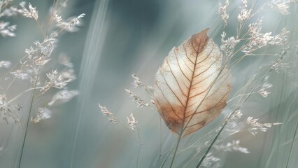 A delicate dried leaf with exposed veins resting among wispy grasses in soft pale light. Concept Nature Close-Up, Dried Leaf Detail, Vein Texture, Grasses Backdrop, Soft Pale Light