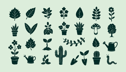 Hand drawn gardening and botanical vector set with plants tools and nature elements © Arshad