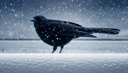 A blackbird out on the balcony while it snows.