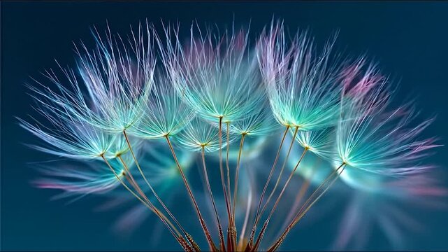 Macro dandelion seed head illuminated against dark blue background