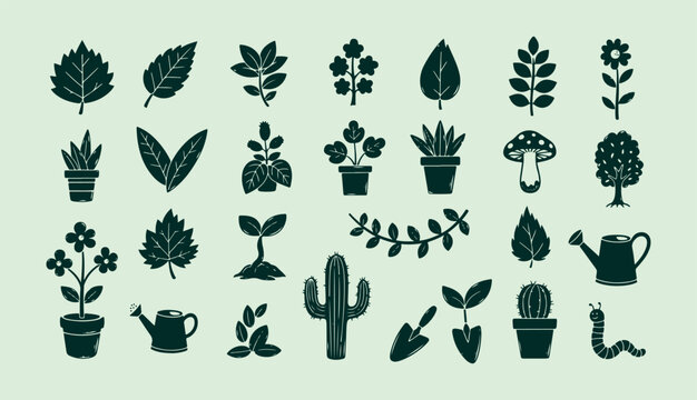Hand drawn gardening and botanical vector set with plants tools and nature elements