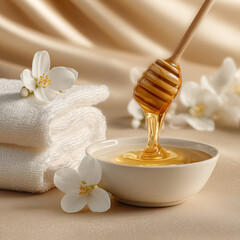 Organic Honey Dripping into Bowl with Towels and Jasmine Flowers