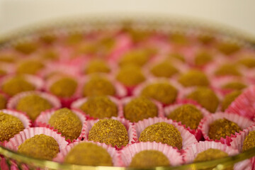 Various detail of wedding decorations, cookies, cakes, flowers and arranges