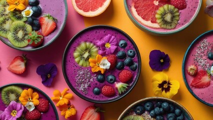 Colorful smoothie bowls topped with kiwi, blueberries, raspberries, strawberries and edible flowers on bright pink and orange backgrounds. Concept Colorful smoothie bowls, Fresh fruit toppings