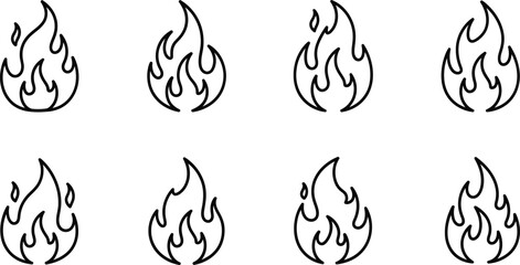 Set of eight stylized, minimalist fire icons, each depicting a small flame with clean, simple lines