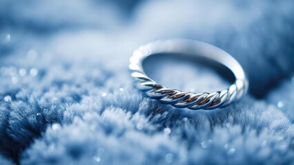 Close-up of a silver twisted-rope ring resting on a soft blue fuzzy surface. Concept Close-up jewelry shot, Silver twisted-rope ring, Soft blue fuzzy surface, Textured jewelry photography
