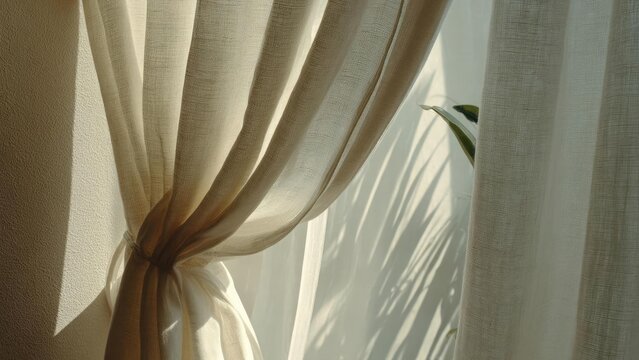 Sunlight streams through sheer beige curtains tied back, casting shadows, with a plant leaf peeking through on the right. Concept Soft Natural Light, Sheer Curtains, Cast Shadows, Indoor Plant
