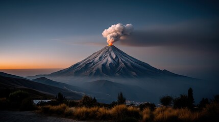 Black volcano erupts with lava flow under dark sky at dusk, showing red smoke and ash from aerial view with glowing embers