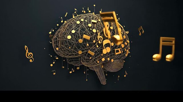 Golden wireframe brain with musical notes and headphones concept.
