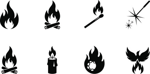 Versatile collection of fire vector icons, showcasing flames, campfires, candles, matchsticks, sparklers, and a phoenix in a clean monochrome style for graphic design