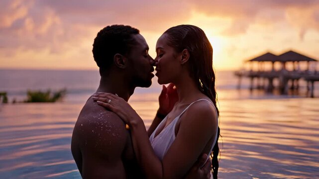 Romantic couple kissing in infinity pool at sunset on vacation together
