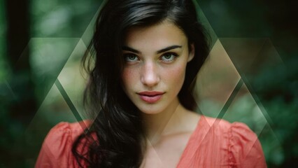 A close-up portrait of a woman with dark hair and freckles in a forest, wearing a coral top, with geometric overlay. Concept Close-up portrait of a freckled woman in a forest